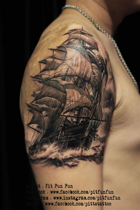 Sail Ship tattoo by Pit Fun Fun | Ship tattoo, Mermaid sleeve tattoos ...