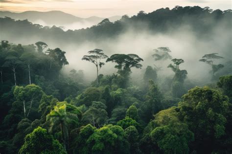 Premium Photo | A forest with a foggy sky and the word rainforest on ...