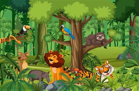 Wild animal cartoon character in the forest scene 3093693 Vector Art at ...