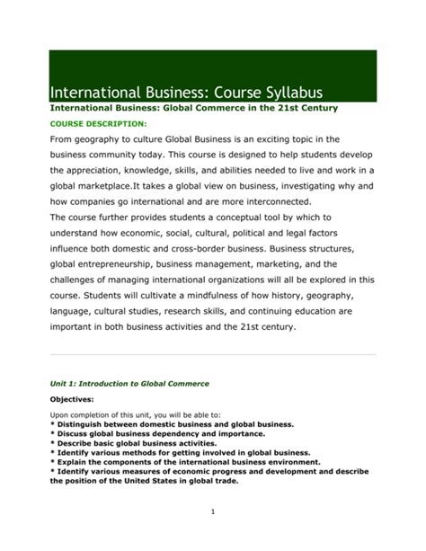 International Business: Course Syllabus