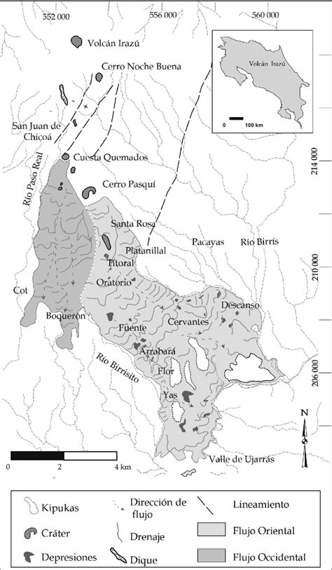 Mapa de ubicación del volcán Irazú, sus cráteres y la colada de ...