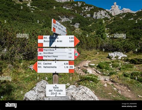 hiking trails wooden signs in Mountains . Brenta Group, Adamello Brenta ...