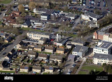 aerial view of Witney, showing the Community Hospital, police station ...