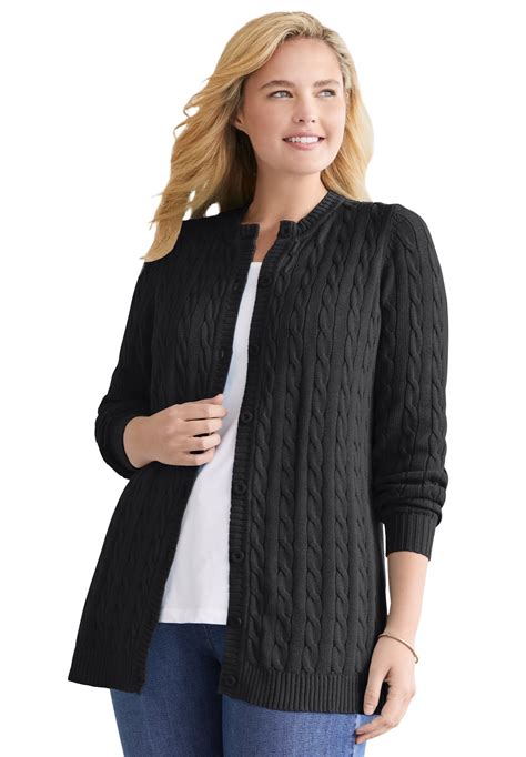 Woman Within Women's Plus Size Cotton Cable Knit Cardigan Sweater ...