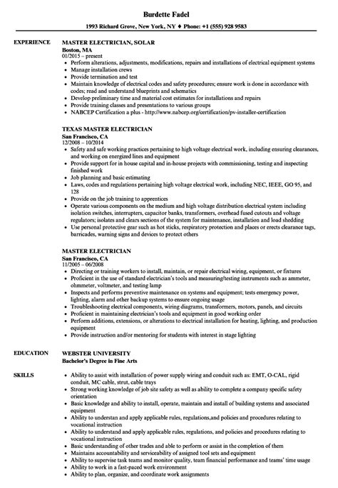 Master Electrician Resume Samples | Velvet Jobs