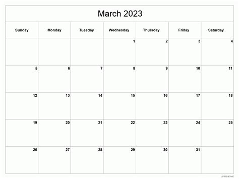 Calendar Template March 2023 Printable