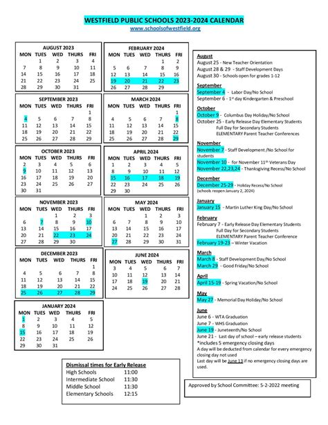 Westfield Public School District Calendar 2023-2024 in PDF