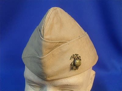 WW2 USMC MARINES TAN GARRISON CAP w/ EGA ~ LARGE SIZE 7 3/8 ~ | #343213193