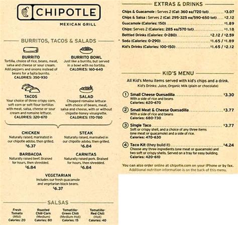 Chipotle Printable Menu With Prices