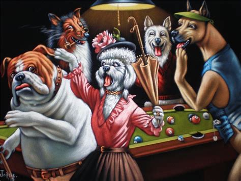 a painting of dogs playing pool in front of a man with a dog on his lap