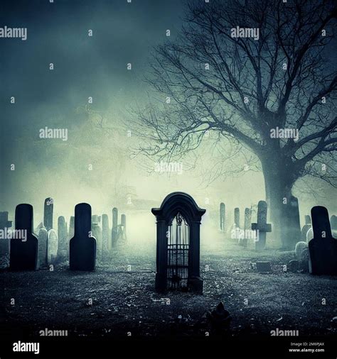 Haunted dark graveyard at night Halloween background digital art Stock ...