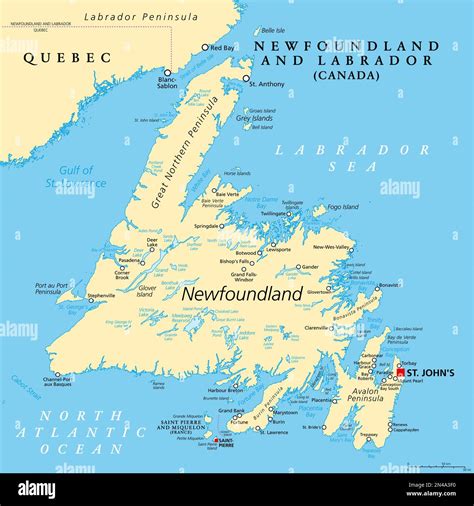 Island of Newfoundland, political map. Part of Canadian province of ...