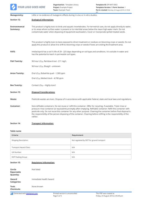 Example of Material Safety Data Sheet (MSDS) - Free and customisable