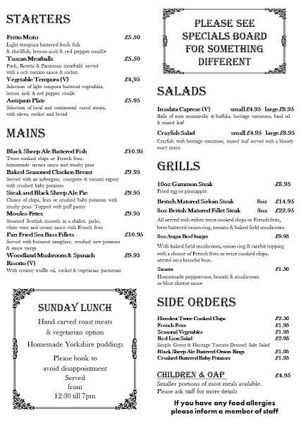 Menu at The Red Lion Inn pub & bar, Rochdale, Whitworth Square