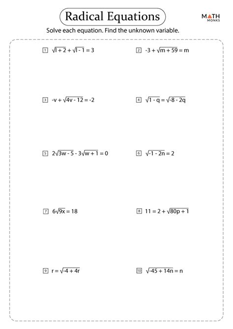 Solving Radical Equations Worksheets - Math Monks