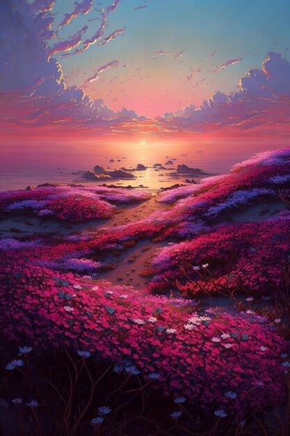 Premium Photo | A painting of a sunset with a pink flower in the ...