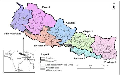 Map of Nepal showing 753 municipal units under 77 districts and seven ...