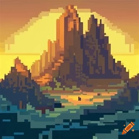 Pixel art landscape with mountains and a temple on Craiyon