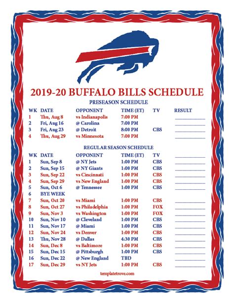 Printable 2019-2020 Buffalo Bills Schedule