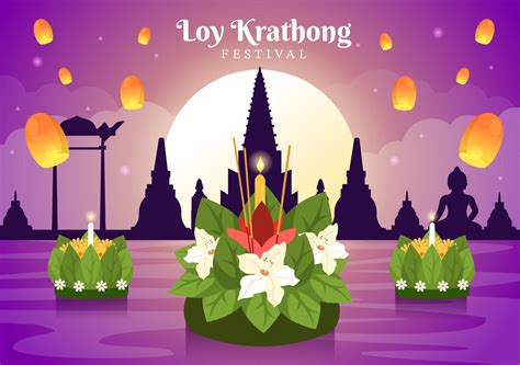 Loy Krathong Festival Celebration in Thailand Template Hand Drawn ...