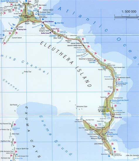 Map of Eleuthera, Bahamas, The Bluff, Current, Gregory Town, James ...