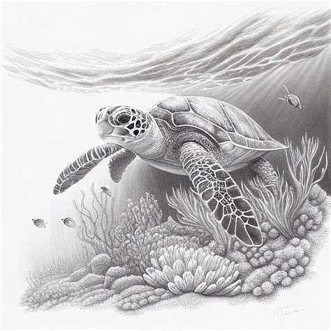 Realistic Sketch of a Majestic Sea Turtle Swimming Over a Coral Reef - Etsy