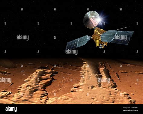 Mars Reconnaissance Orbiter in Mars orbit, illustration. The Mars ...