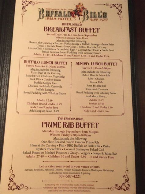 Menu at Buffalo Bill's Irma Hotel & Restaurant, Cody