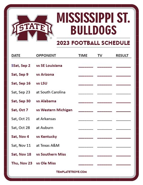 Printable 2023 Mississippi State Bulldogs Football Schedule