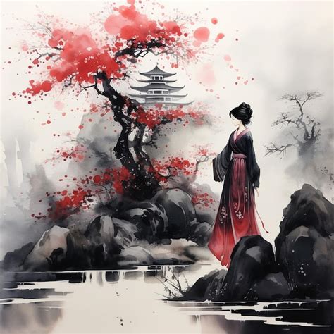 Premium AI Image | Hand Drawn Japanese Landscape Ink Wash Painting