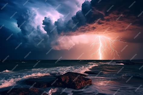 Premium AI Image | A lightning storm over the ocean with a dark sky and ...