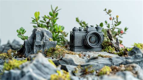 A Miniature Vintage Camera Model Set Amidst a Rocky Terrain with Plants ...