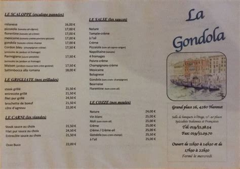 Menu at La gondola, Hannut