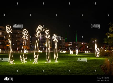 Night scenery of outdoor lighting installation art and video mapping on ...