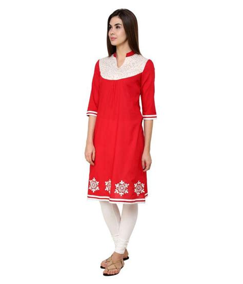 Niazbo Red Cotton A-line Dori Embroidery Kurti - Buy Niazbo Red Cotton ...