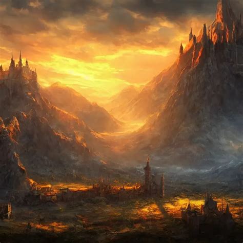 sunset over a medieval kingdom, fantasy artwork, awa...