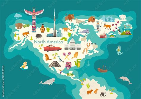 Animals world map, North America with landmarks. Colorful cartoon ...