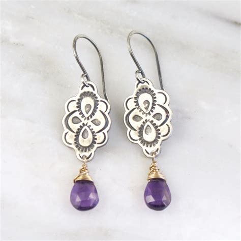 Peacock Mandala Wrapped Amethyst Mixed Metal Earrings - Margo's Pottery ...