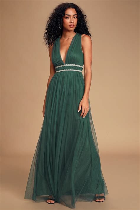 Cute Emerald Green Dress - Tulle Maxi Dress - Beaded Dress - Lulus