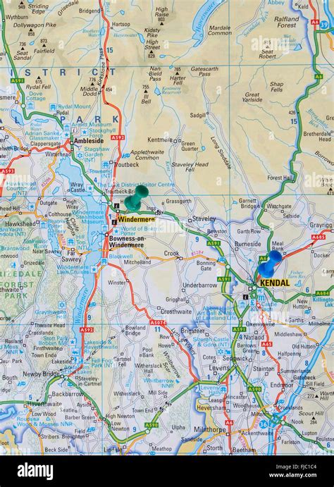 Road map of the Lake District showing Lake Windermere with map pins in ...