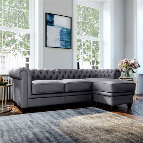 Hampton Chesterfield L-Shape Corner Sofa, Grey Classic Faux Leather ...