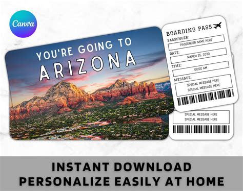 Arizona Boarding Pass Ticket Template Printable Gift Airplane Airline ...