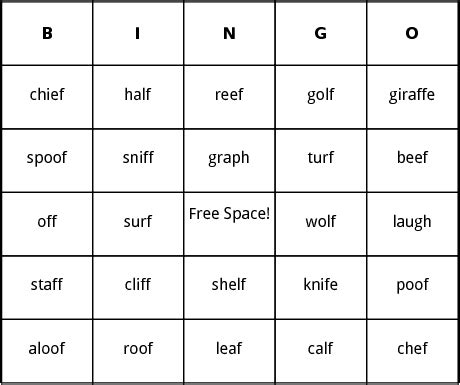 Words Ending In The F Sound bingo by Bingo Card Template