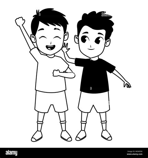 Kids friends playing and smiling cartoons in black and white Stock ...