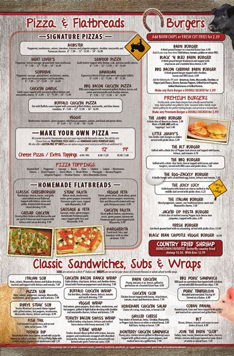 The Barn menu in Zanesville, Ohio, USA