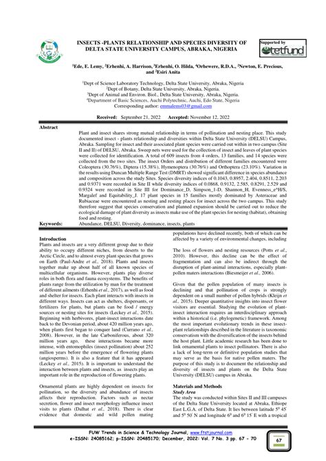 (PDF) INSECTS -PLANTS RELATIONSHIP AND SPECIES DIVERSITY OF DELTA STATE ...