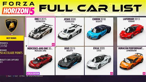 Forza Horizon 5 - FULL CAR LIST + DLC ! - YouTube