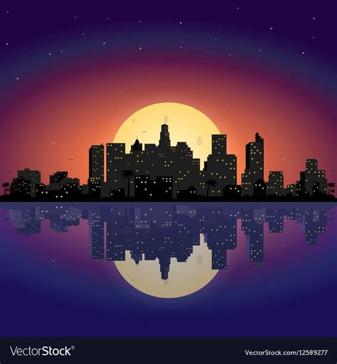 City at night with moon.Vector town in flat style design.Panorama of ...