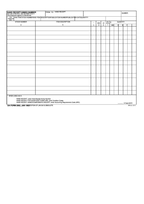 Fillable Da Form 2062 - Hand Receipt/annex Number, Jan 82 printable pdf ...