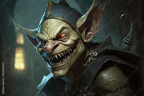 A goblin with a wicked grin, sharp claws, and a mischievous gleam in ...